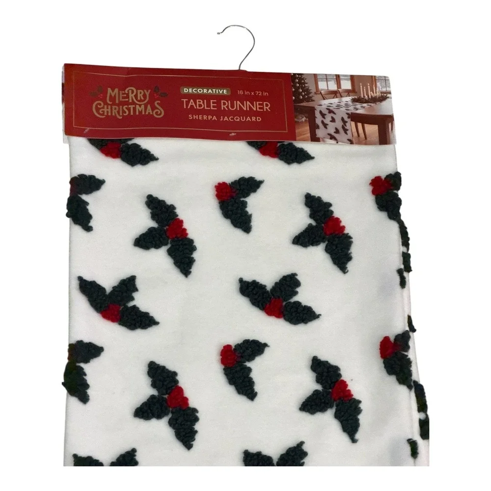 Merry Christmas Sherpa Jacquard Table Runner 16x72 Holly Berry White Red Green